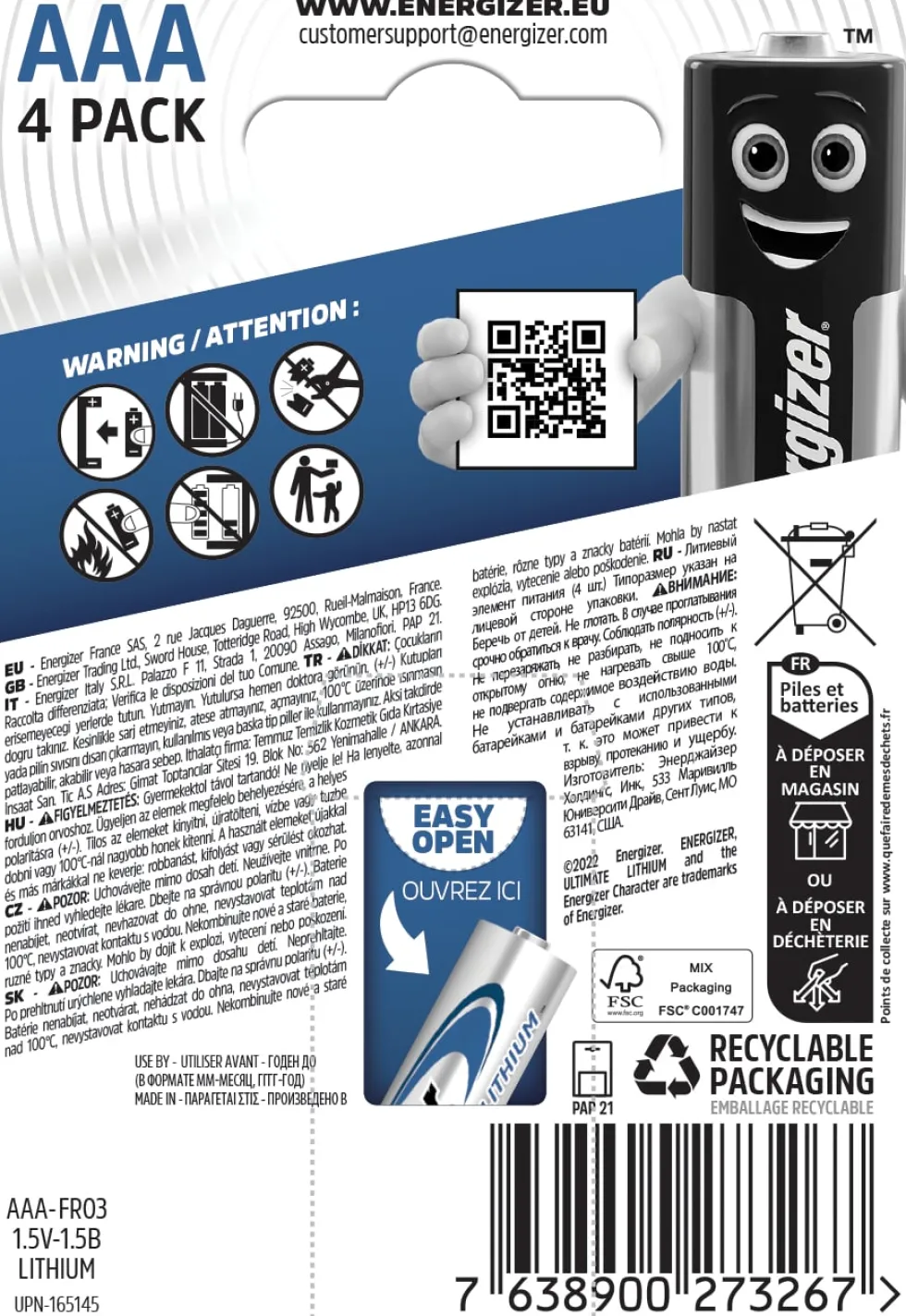 Batteri Energizer Lithium AAA, 4/fp
