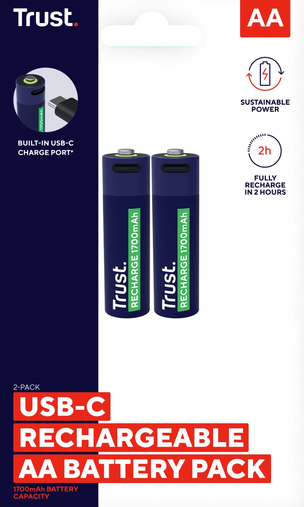 Batteri Laddbar TRUST AA USB-C 2/fp