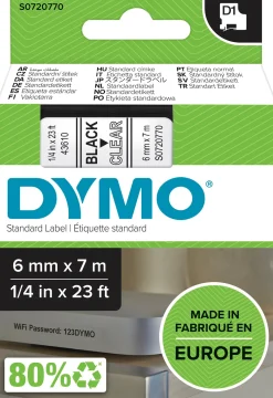 DYMO D1 Tejp 6 mm x 7 m svart på transparent