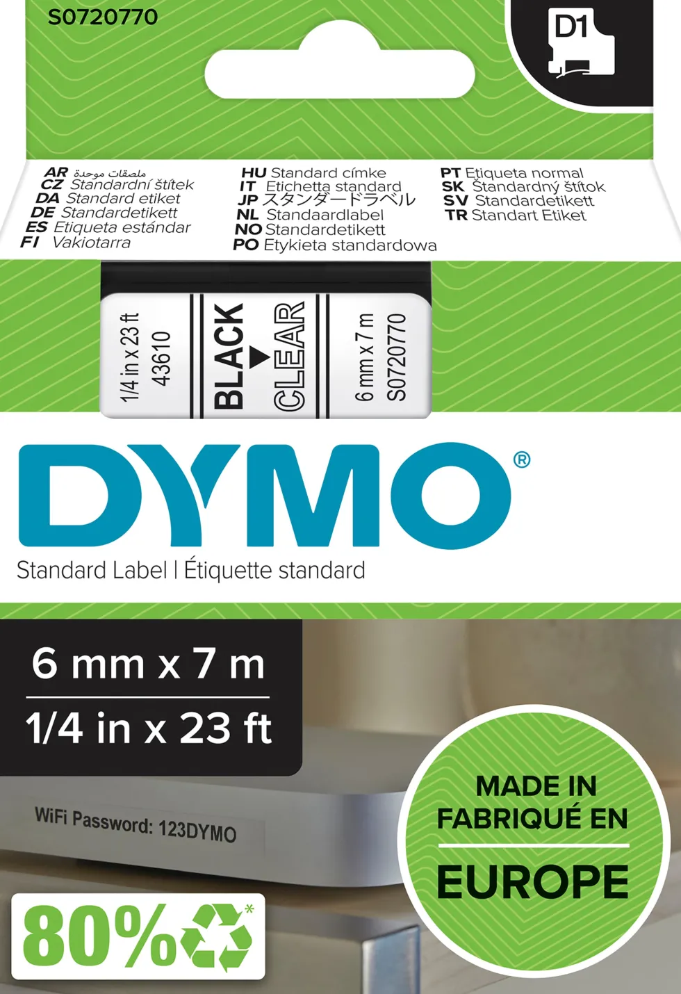 DYMO D1 Tejp 6 mm x 7 m svart på transparent