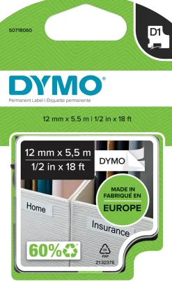 DYMO D1 Tejp Permanent Polyester 12 mm x 5,5 m svart på vit