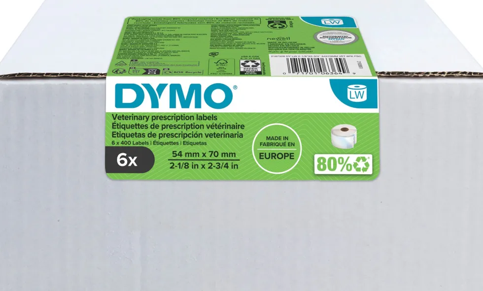 DYMO LabelWriter 70 mm x 54 mm Veterinäretiketter Vit 6 Rull