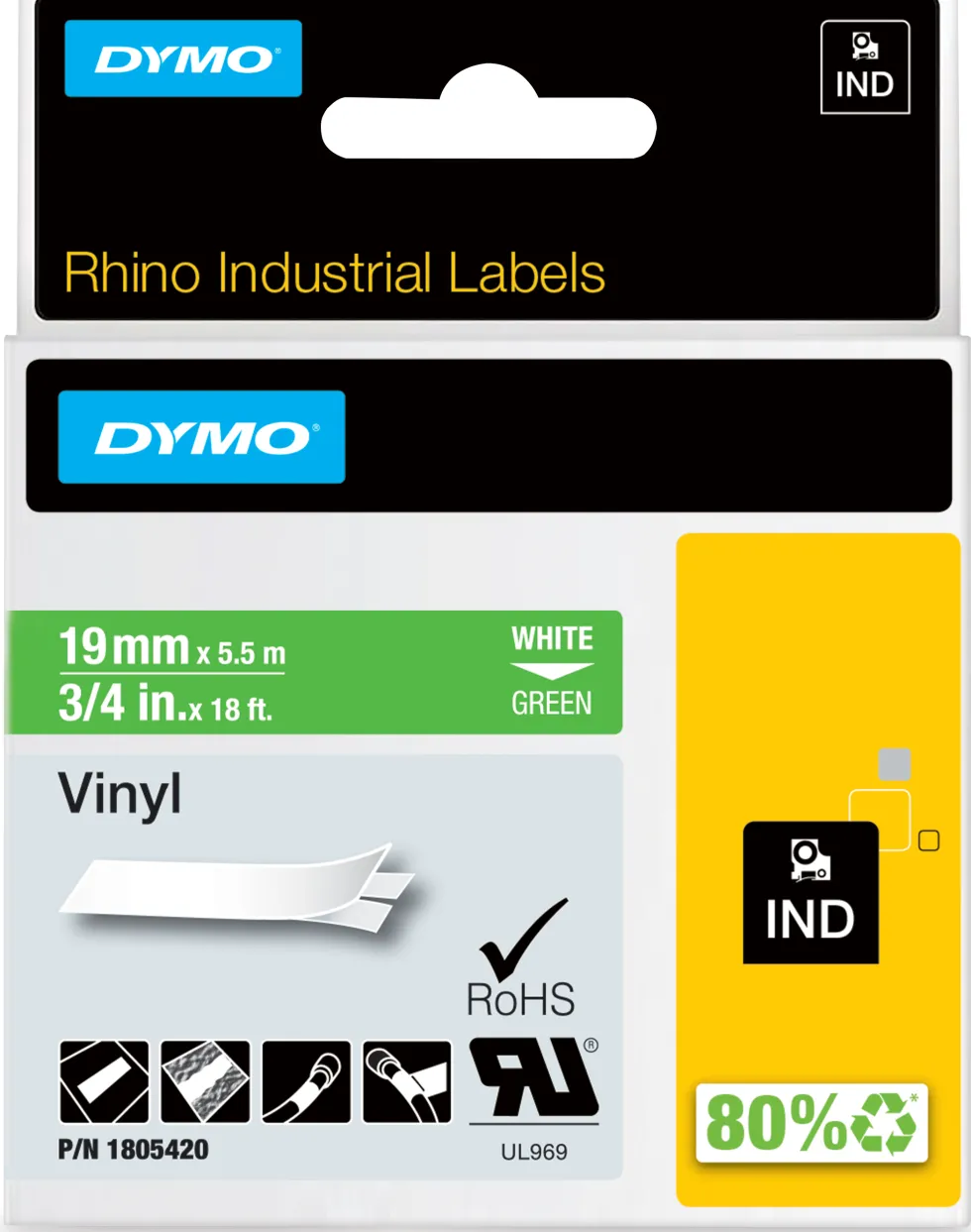 DYMO Rhino Industriell Tejp Färgad Vinyl 19mm x 5.5m vit på