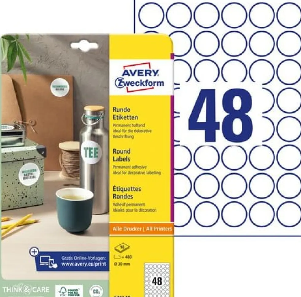 Etikett AVERY papper Ø30mm vit 480/fp