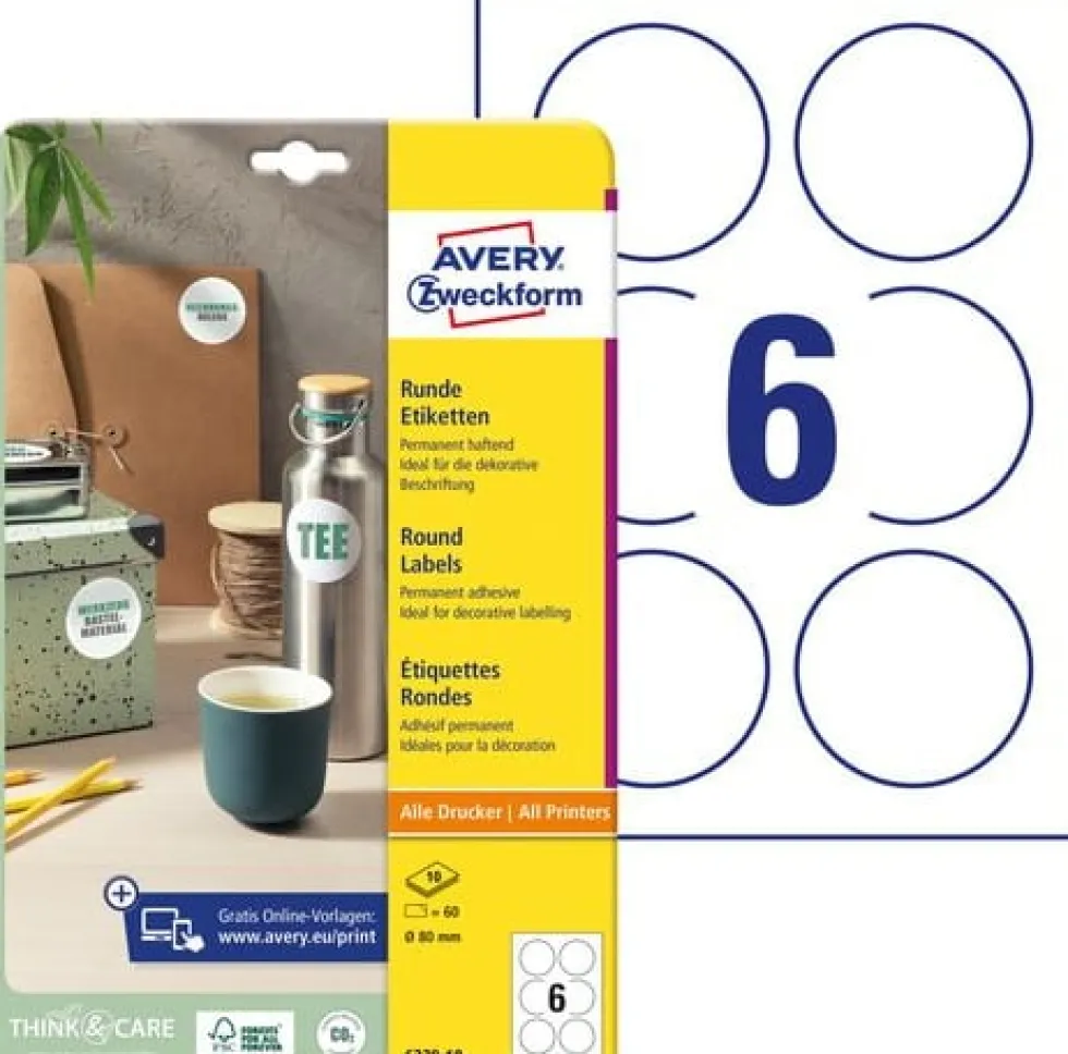 Etikett AVERY papper Ø80mm vit 60/fp