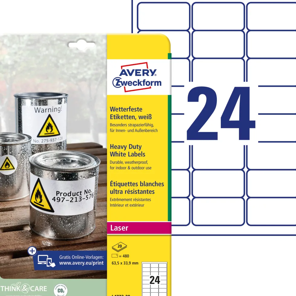 Etikett AVERY Slitstark 63.5x33.9mm, 480/FP