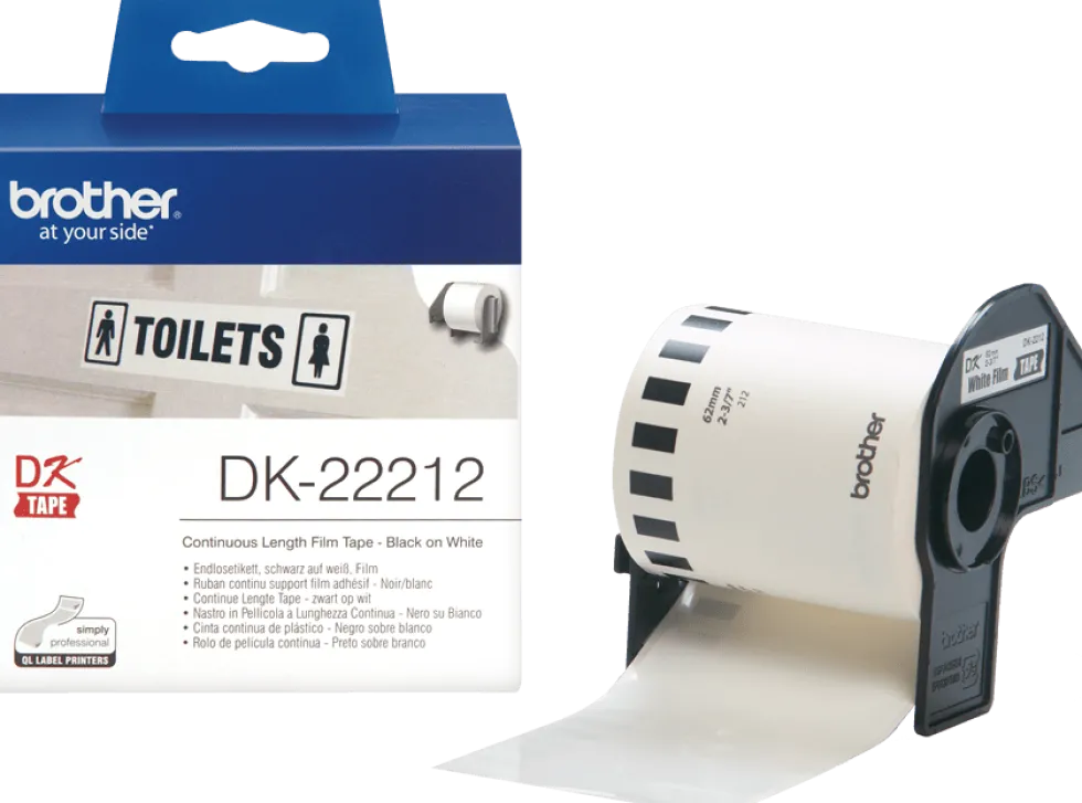 Etikett BROTHER DK-22212 Vit löpande film, 62mm x 15,24m