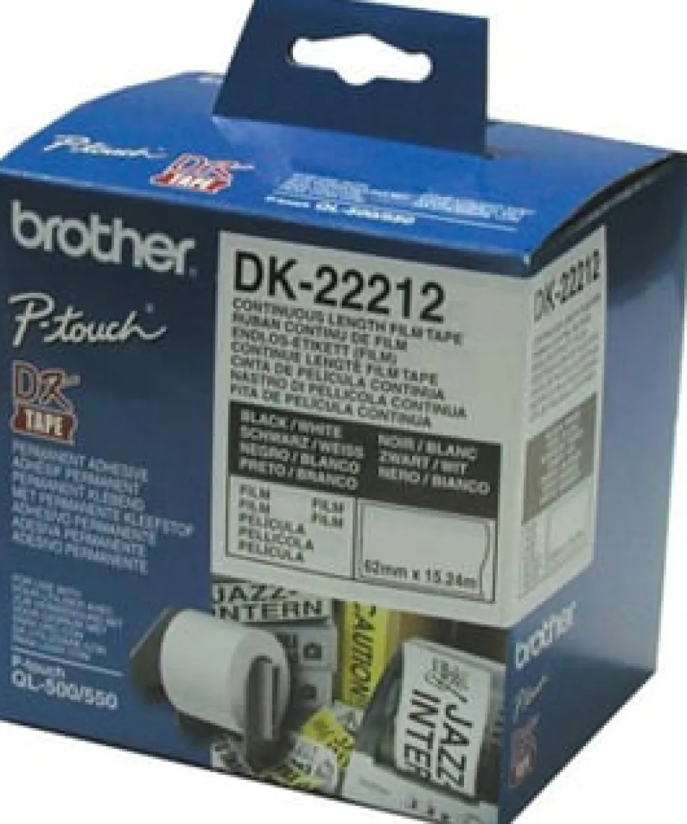 Etikett BROTHER DK-22212 Vit löpande film, 62mm x 15,24m