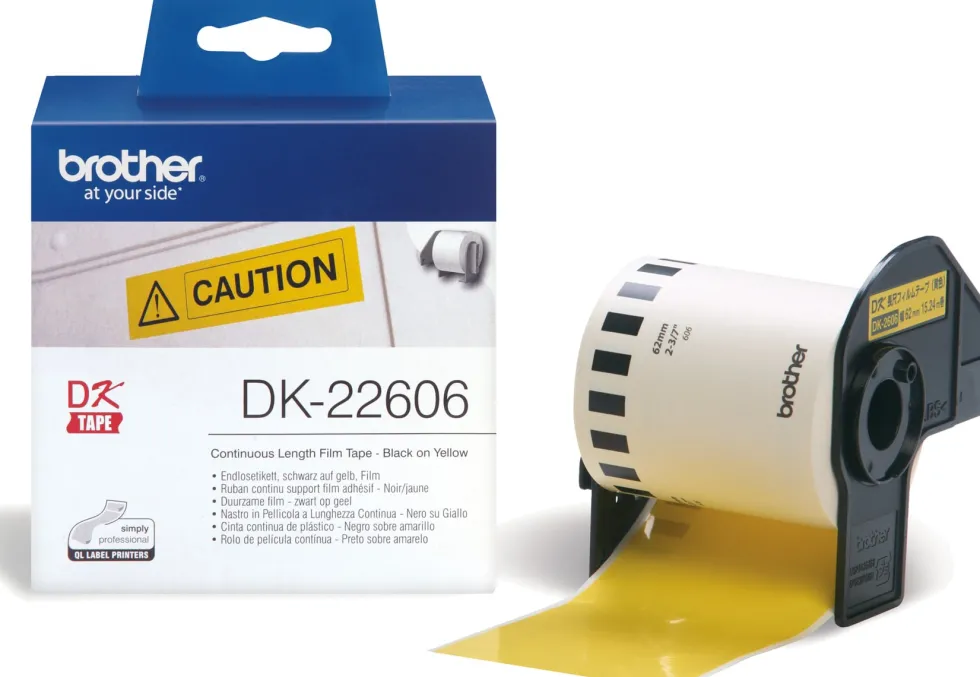 Etiketter BROTHER DK-22606 Gul löpande plastfilm, 62mm x 15,24m