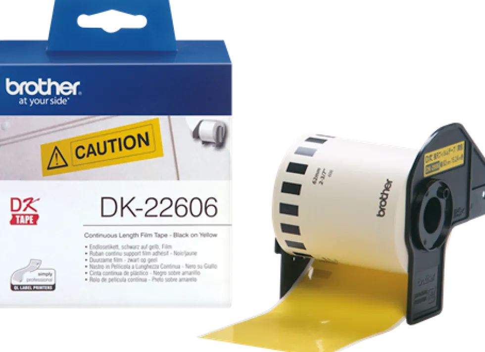 Etiketter BROTHER DK-22606 Gul löpande plastfilm, 62mm x 15,24m