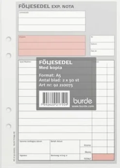 Följesedel A5 med kopia 2x50 blad onumrerade