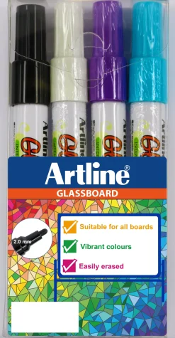 Glassboard Marker Artline svart, blå, vit, lila. 4-pack