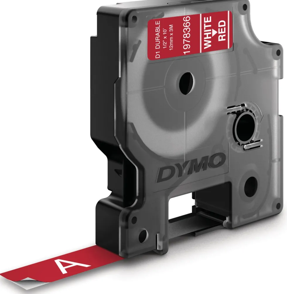 Märkband Dymo D1 Durable, vit/röd, 12mm