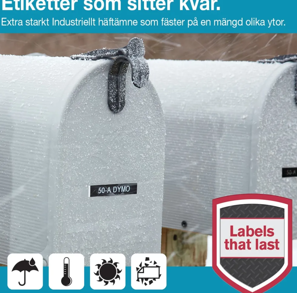 Märkband Dymo D1 Durable, vit/röd, 12mm