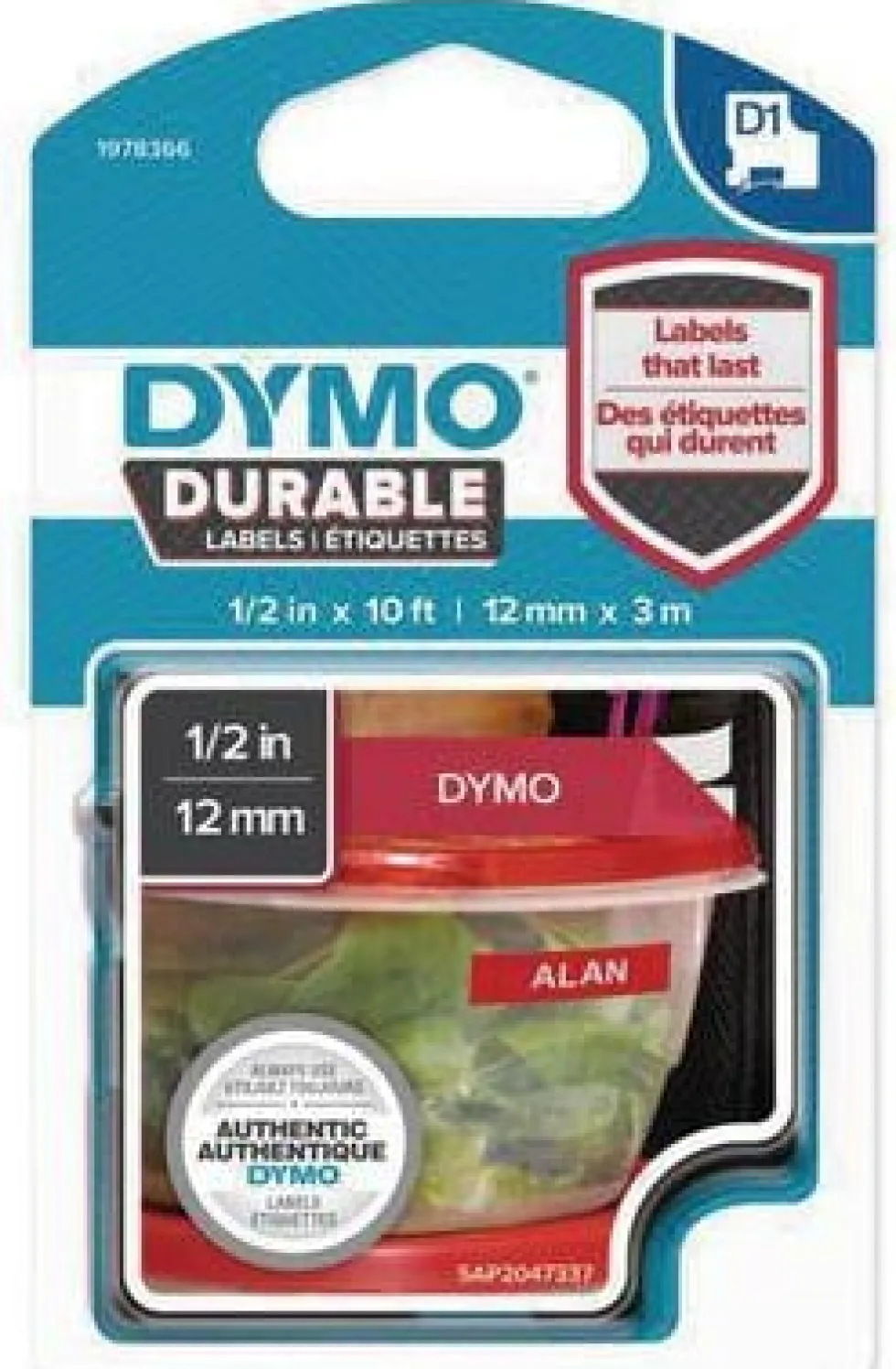 Märkband Dymo D1 Durable, vit/röd, 12mm