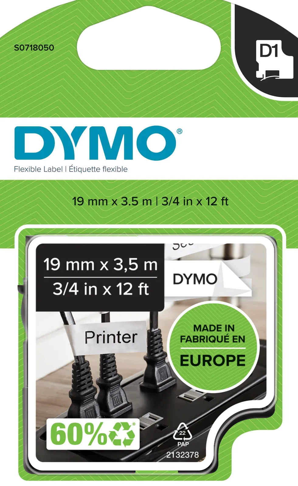 Märkband Dymo D1 Flex, nylon, svart/vit, 19mm
