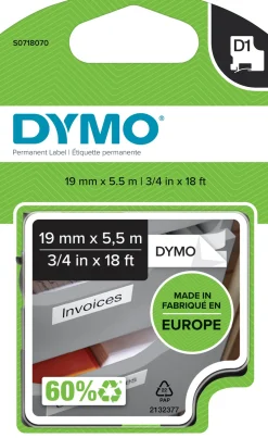 Märkband Dymo D1 Permanent, polyester, svart/vit, 19mm