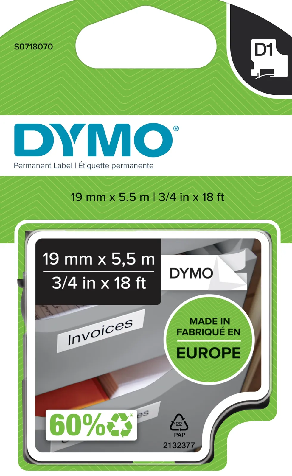 Märkband Dymo D1 Permanent, polyester, svart/vit, 19mm