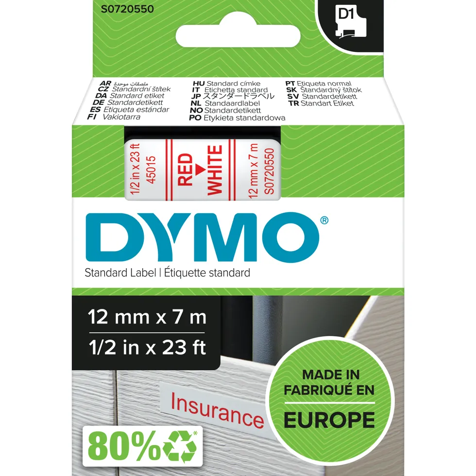 Märkband Dymo D1, plast, röd/vit, 12mm