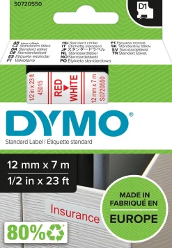 Märkband Dymo D1, plast, röd/vit, 12mm