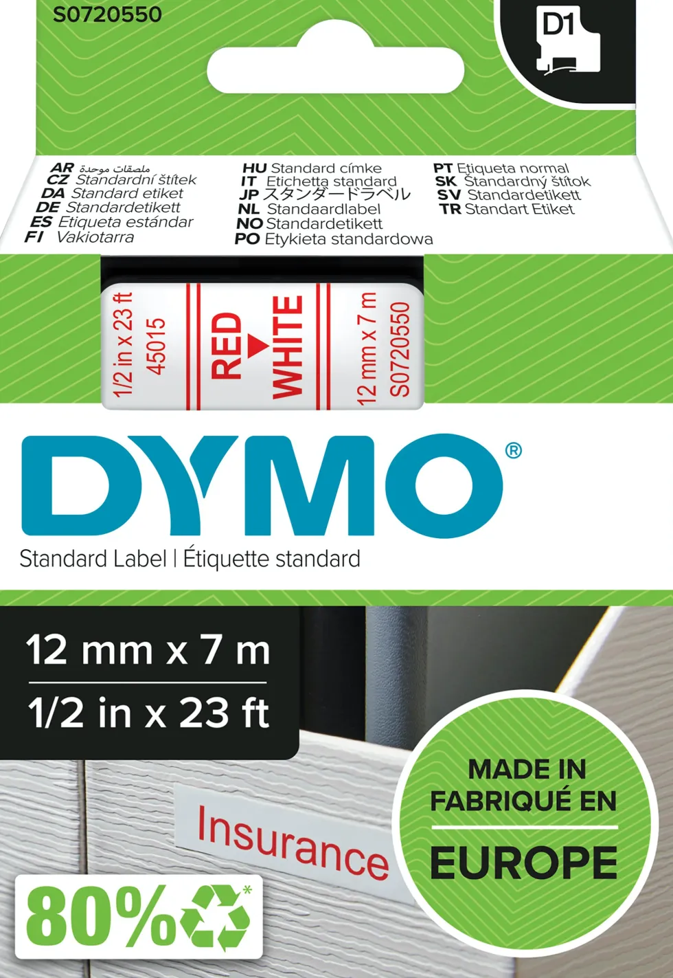 Märkband Dymo D1, plast, röd/vit, 12mm