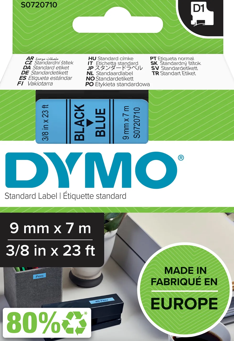 Märkband DYMO D1, plast, svart/blå, 9mm