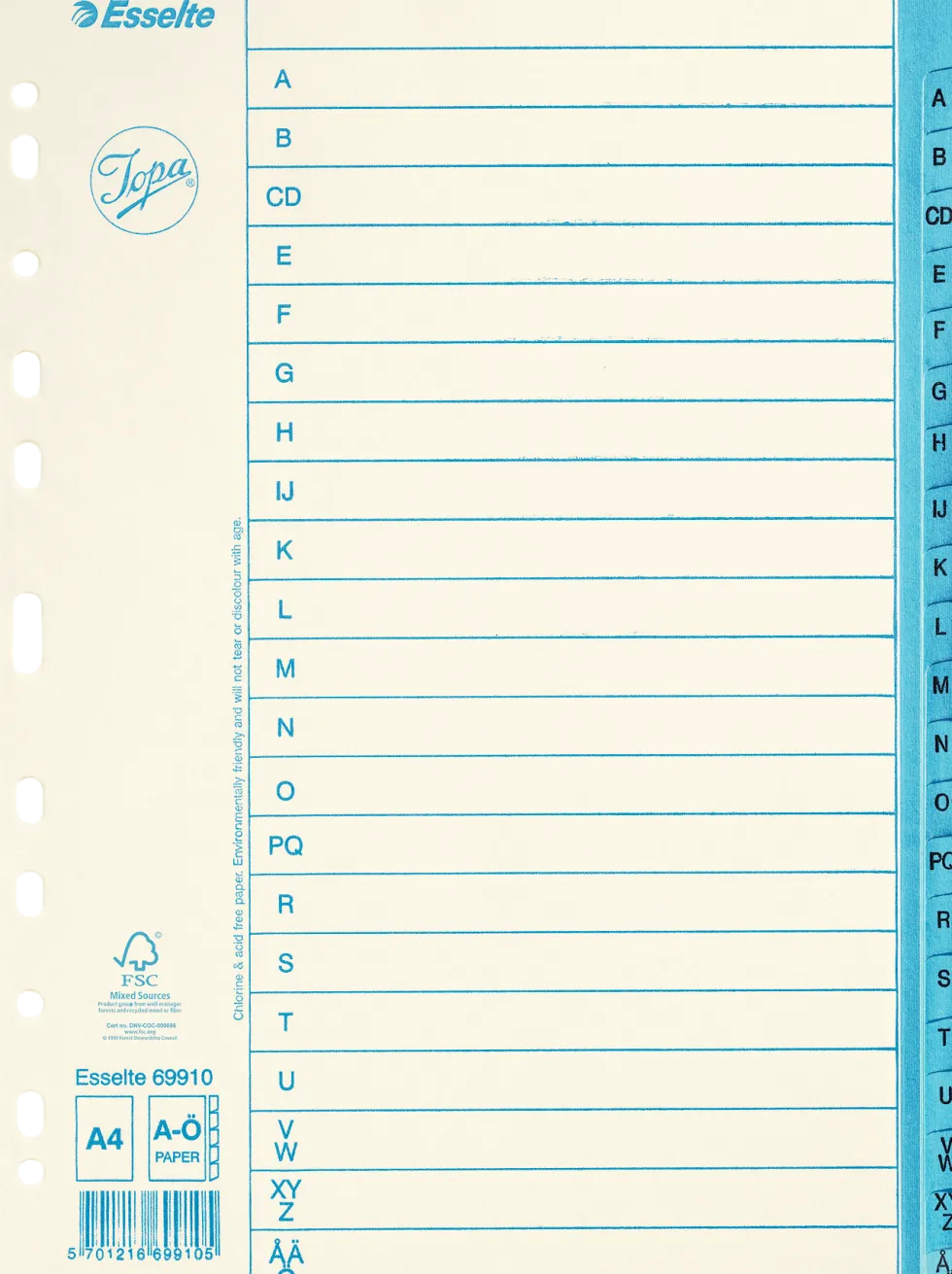Pappregister JOPA A4 A-Ö vit/blå
