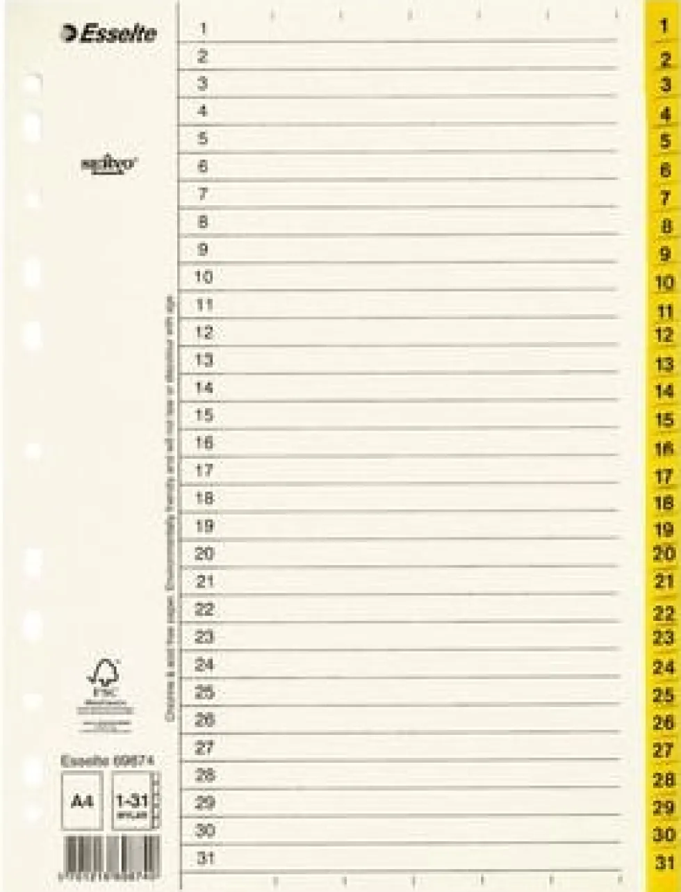 Pärmregister ESSELTE A4 1-31 Gul, flikförstärkt