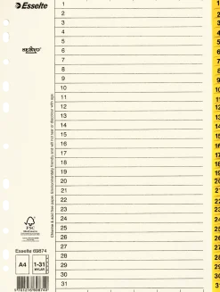 Pärmregister ESSELTE A4 1-31 Gul, flikförstärkt