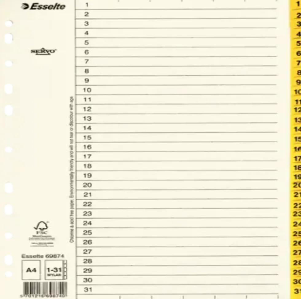 Pärmregister ESSELTE A4 1-31 Gul, flikförstärkt