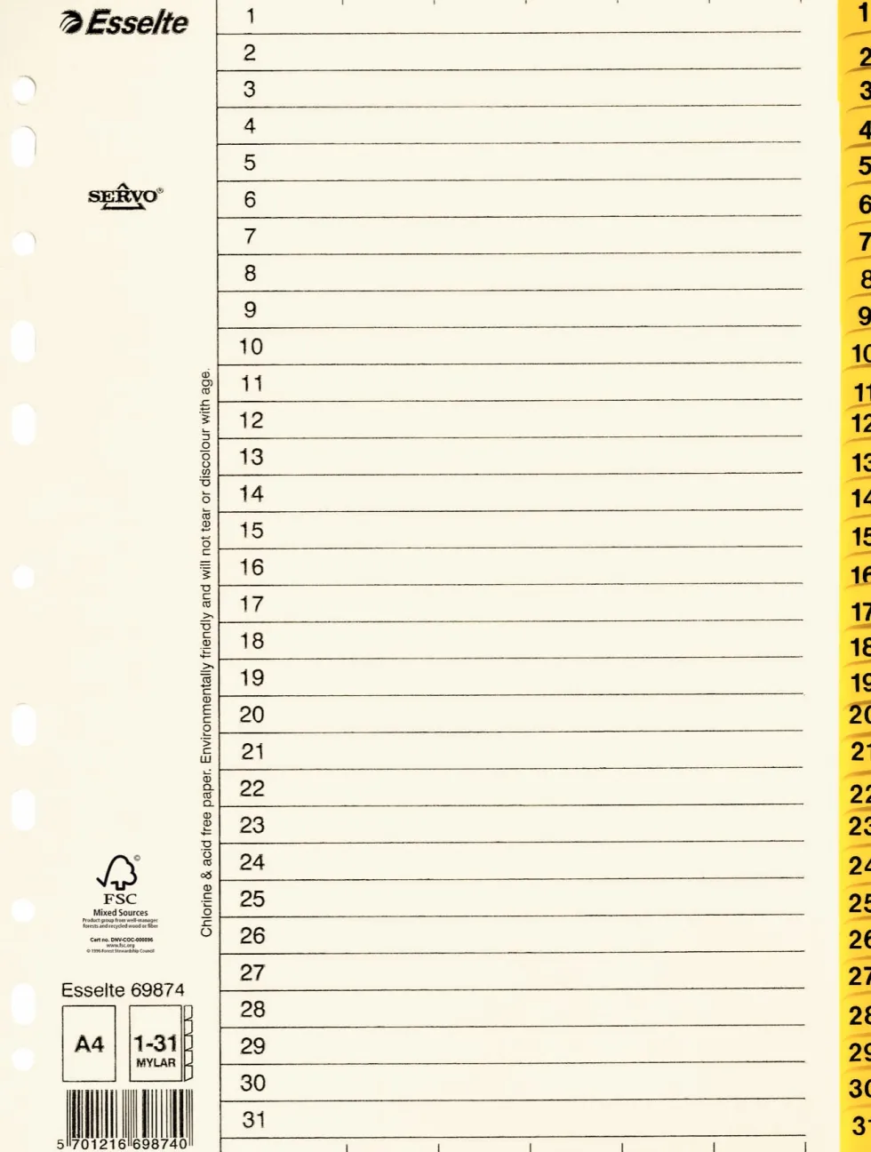 Pärmregister ESSELTE A4 1-31 Gul, flikförstärkt