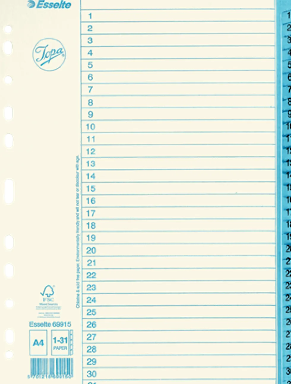Pärmregister JOPA Papper A4 1-31, blå flik, 10st