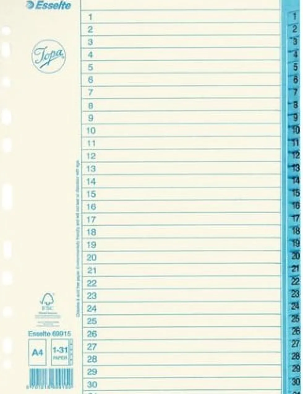 Pärmregister JOPA Papper A4 1-31, blå flik, 10st
