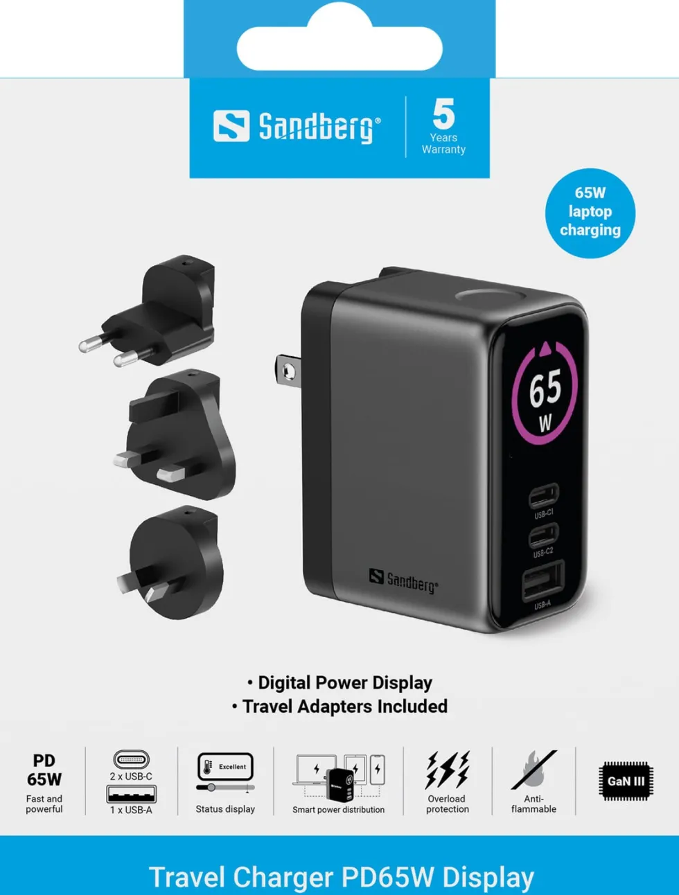 Sandberg Travel Charger PD65W Display