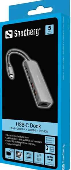 SANDBERG USB-C Dock HDMI + 2xUSB-A + 2xUSB-C + PD100W