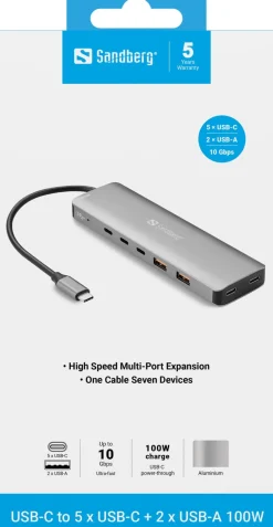 SANDBERG USB-C to 5 x USB-C + 2 x USB-A 100W