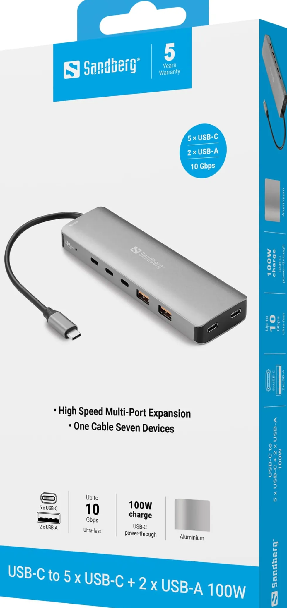 SANDBERG USB-C to 5 x USB-C + 2 x USB-A 100W