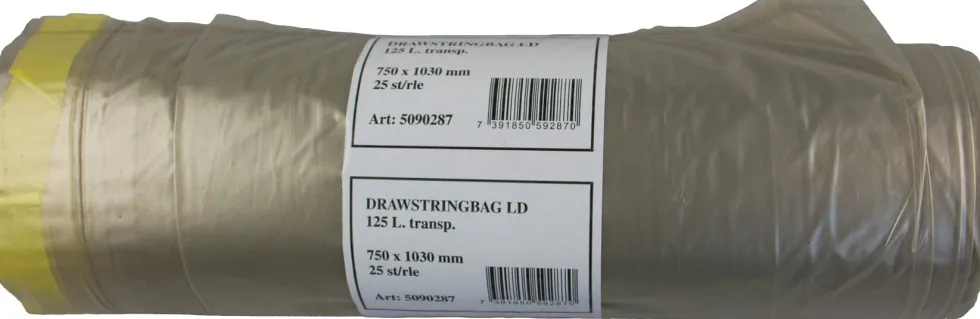 Säck Polynova REG LD Drawstring 125L transparent, 25/rl