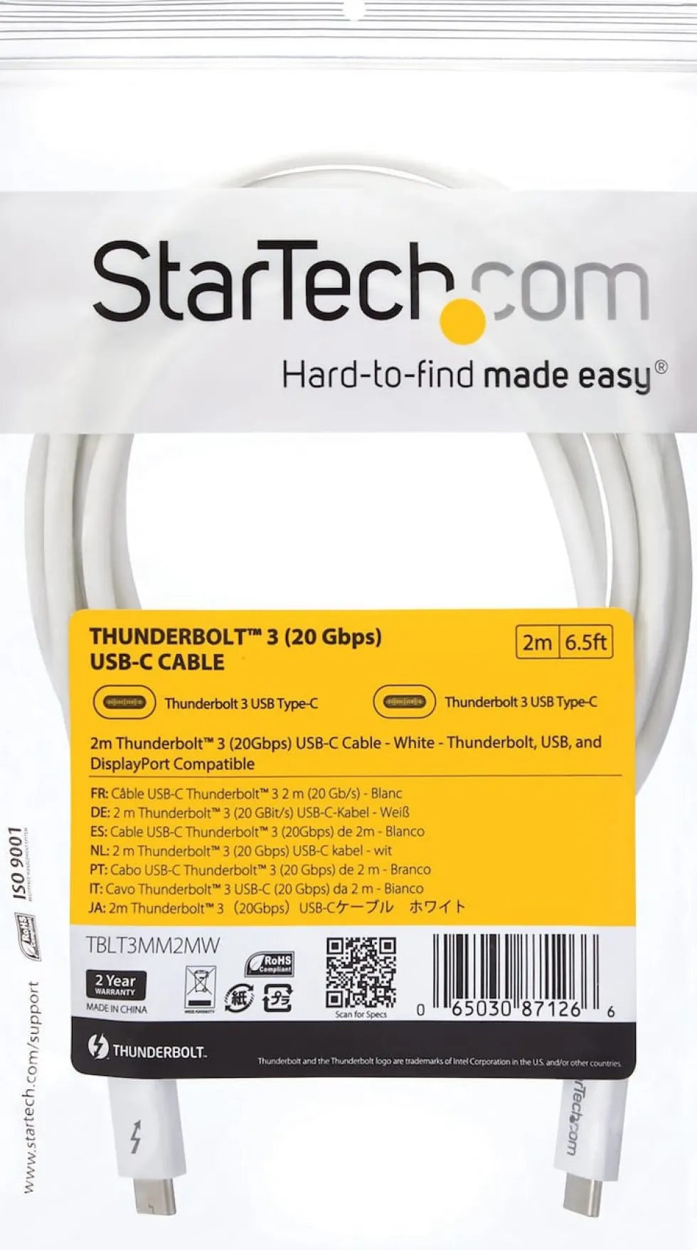 StarTech 6.6ft (2m) Thunderbolt 3 Cable, 20Gbps, 100W PD, 4K