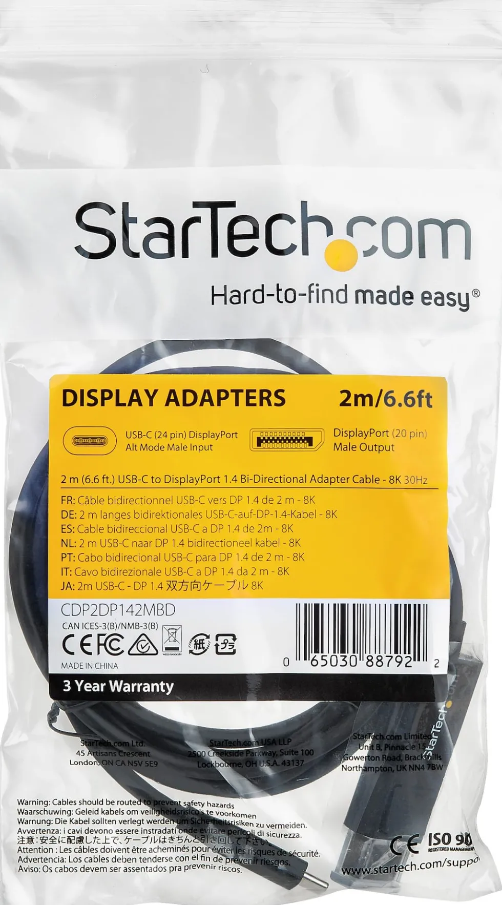 StarTech 6ft/2m USB C to DisplayPort 1.4 Cable 8K 60Hz/4K,