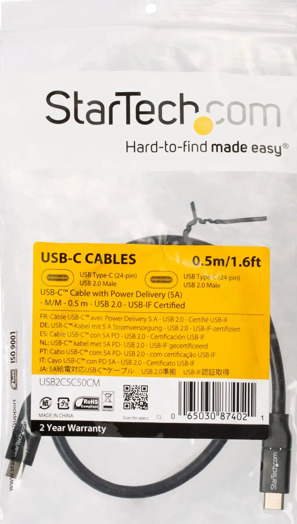 StarTech USB C to USB C Cable - 1.5 ft / 0.5m - 5A PD - White