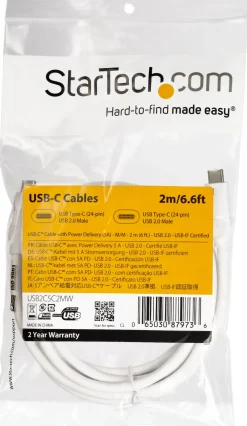 StarTech USB C to USB C Cable - 6 ft / 2m - 5A PD - M/M - White