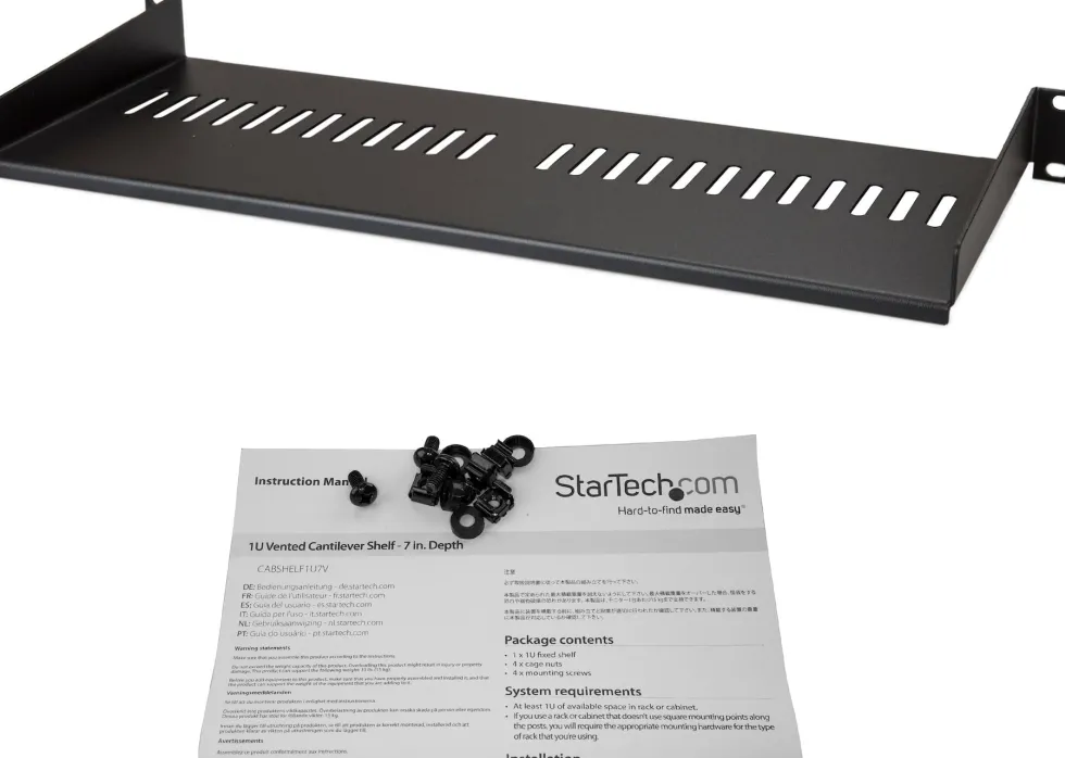 Startech 1U Vented Server Rack Cabinet Shelf, 7in Deep Fixed