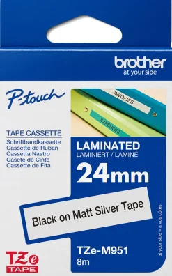 Tape BROTHER TZEM951 24mm svart på silv.