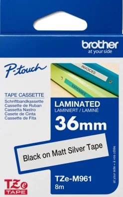 Tape Brother TZe 36mm svart på silver/metallic