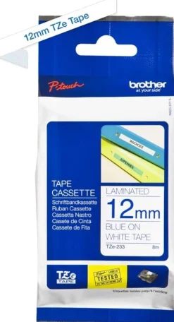 Tape 12mm TZe-233 blå på vit