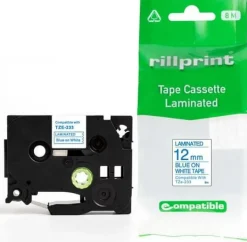 Tape 12mm TZe-233 blå på vit