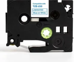 Tape 12mm TZe-233 blå på vit