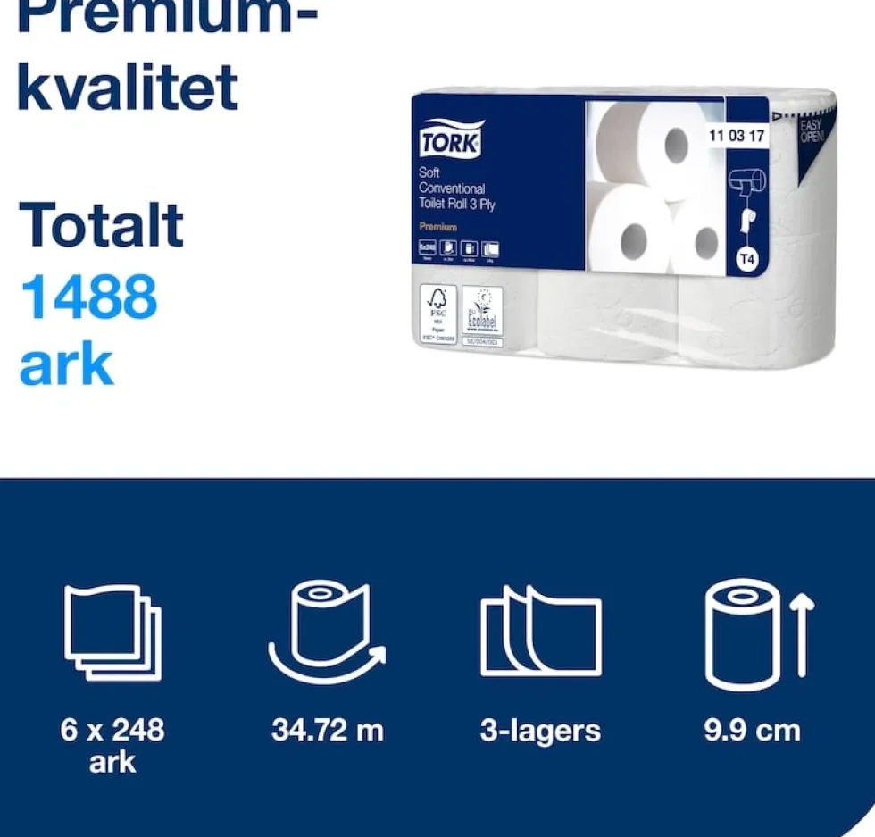 Toalettpapper TORK Premium T4, 3-lag, 34.7m, soft, 42/FP