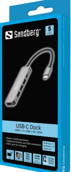 USB-C Dock HDMI+3xUSB+PD 100W, Alu